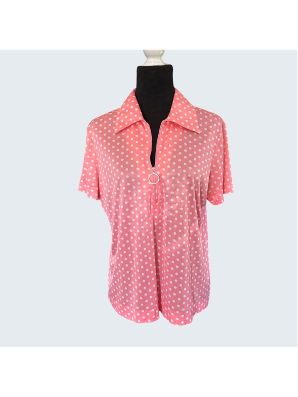 Vintage 70s Alex Colman Pink Polka Dot O-Ring Zip Dagger Collar Top Sz S M (16)